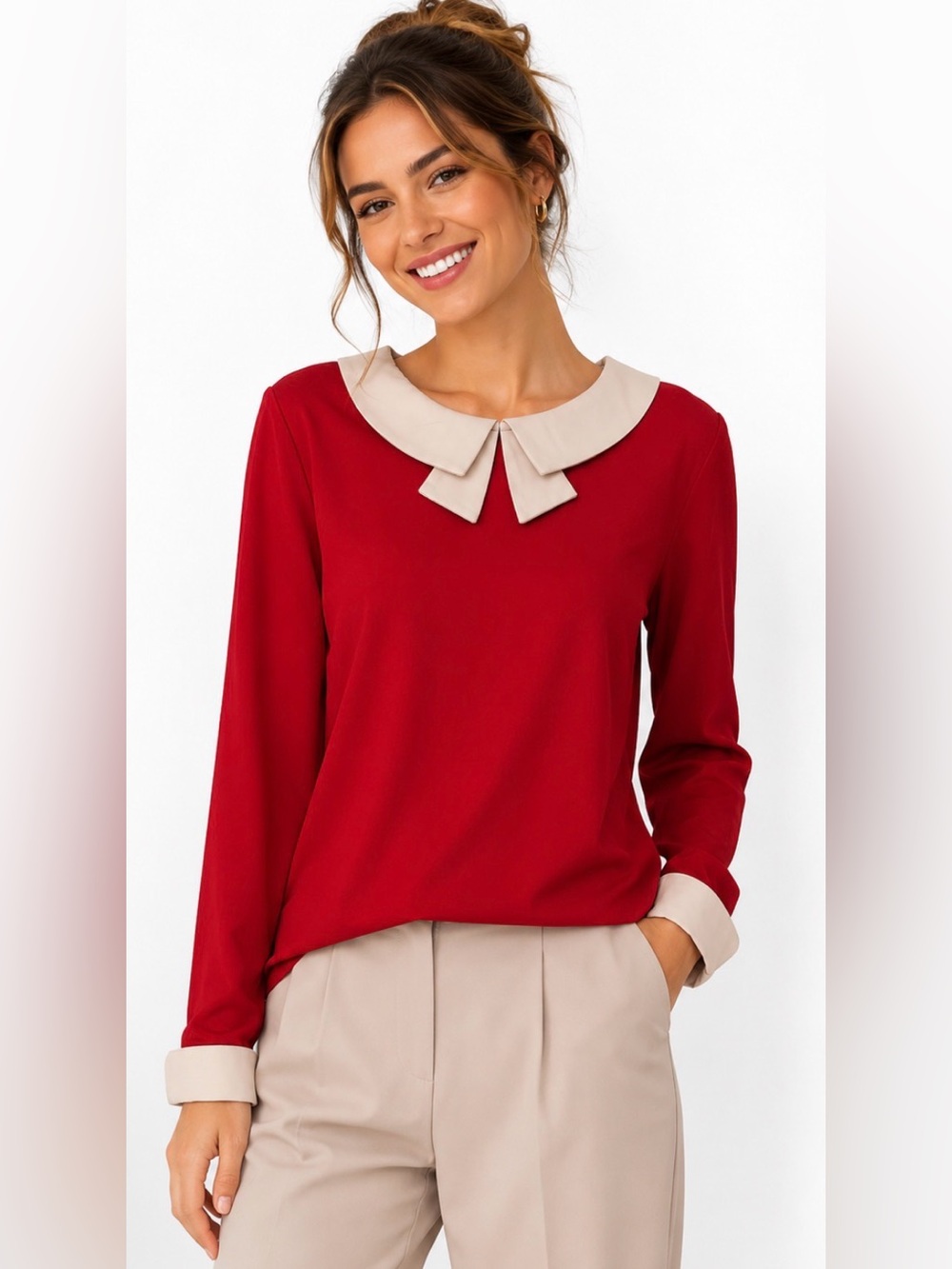 ALLEGRA K Red Long-Sleeve Blouse with Contrast Collar